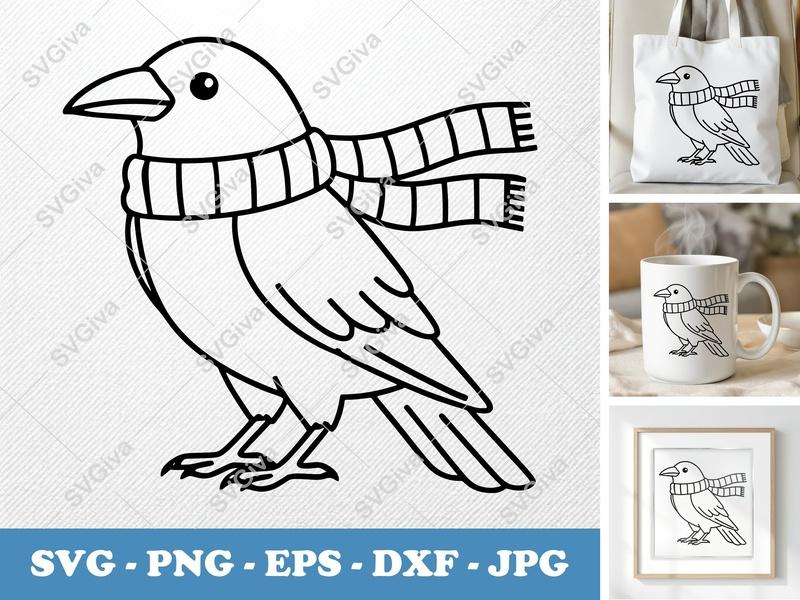 Crow Wearing Scarf SVG | Cartoon Minimalist Design | Double-Outline Look Cut File for Cricut, Silhouette | PNG DXF EPS