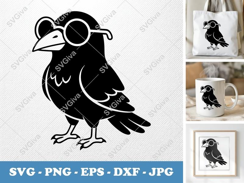 Crow Wearing Sunglasses SVG | Bold Minimalist Vector | Clean Outline Design | PNG DXF EPS | Cricut Silhouette File