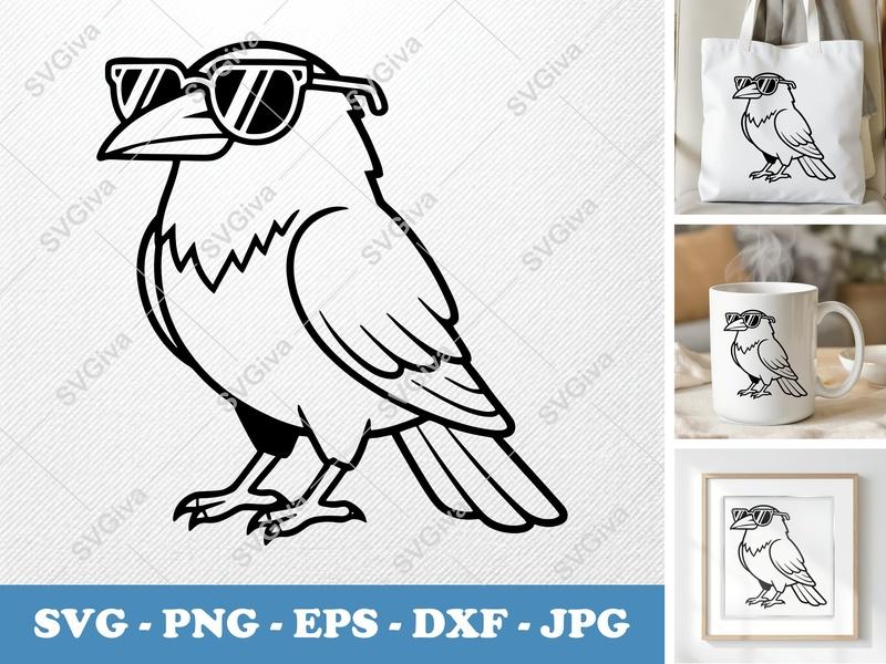 Crow Wearing Sunglasses SVG | Double-Outline Minimalist Design | PNG DXF EPS | Cricut Silhouette File