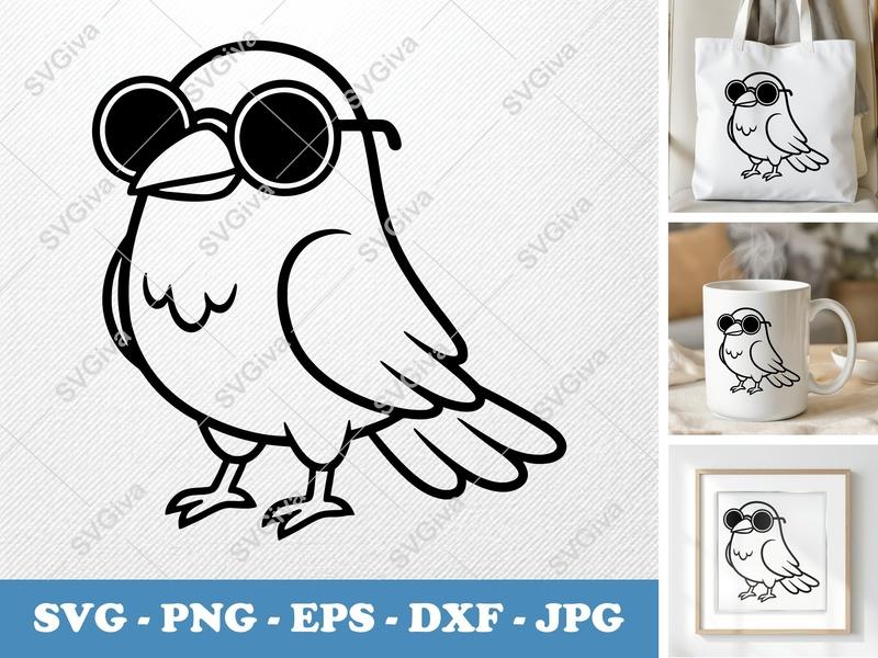 Crow Wearing Sunglasses SVG | Friendly Bean-Shaped Design | PNG DXF EPS | Cricut Silhouette File