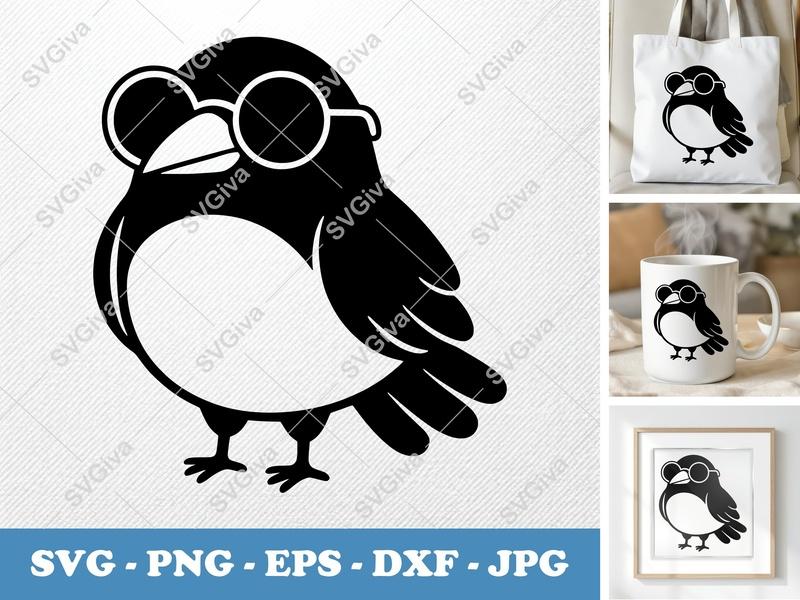 Crow Wearing Sunglasses SVG | Puffy Soft Shapes | Inflated, Pillow-Soft Cut File | PNG DXF EPS | Cricut Silhouette