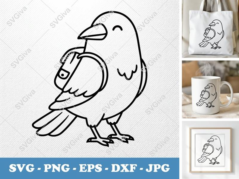 Crow with Backpack SVG | Funny Bird PNG EPS DXF Cut File | Digital Download for Cricut, Silhouette | Cute Animal Clipart