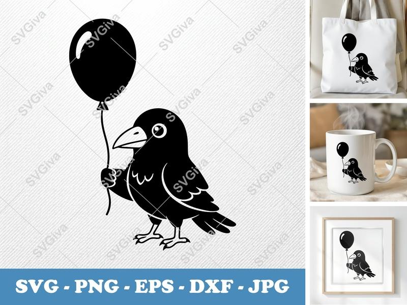 Crow with Balloon SVG | Bold Minimalist Character Cut File | PNG DXF EPS | Cricut Silhouette Design