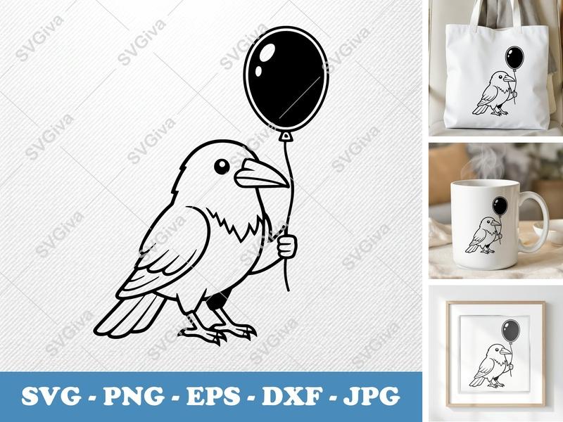 Crow with balloon SVG | Bold Outline Minimalist Cut File | PNG DXF EPS | Cricut Silhouette Design