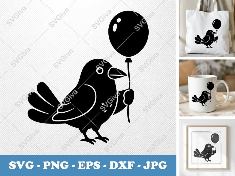 Crow with Balloon SVG | Puffy Soft Shapes Cut File | PNG DXF EPS for Cricut Silhouette