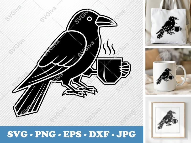 Crow with Coffee Cup SVG | Double-Outline Geometric Vector | PNG DXF EPS | Cricut Silhouette Cut File
