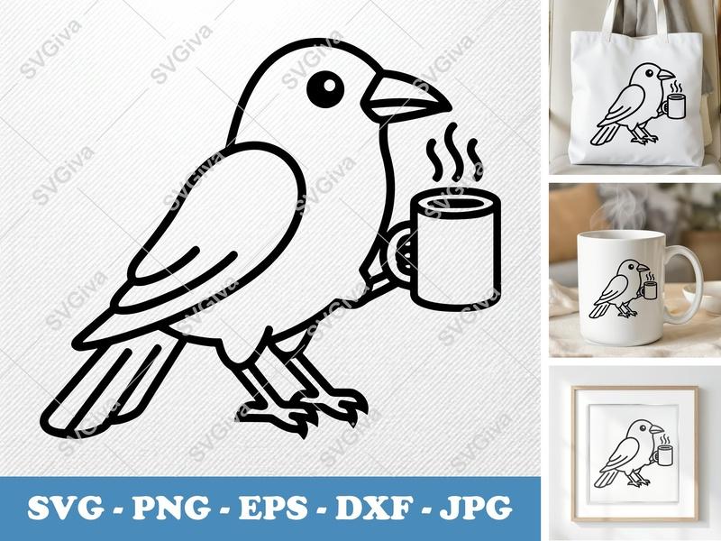 Crow with Coffee Cup SVG | Minimalist Character PNG DXF EPS | Cricut Silhouette Cut File