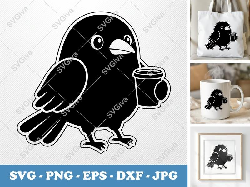 Crow with Coffee Cup SVG PNG DXF EPS | Bird Coffee Lover Cricut Silhouette Cut File
