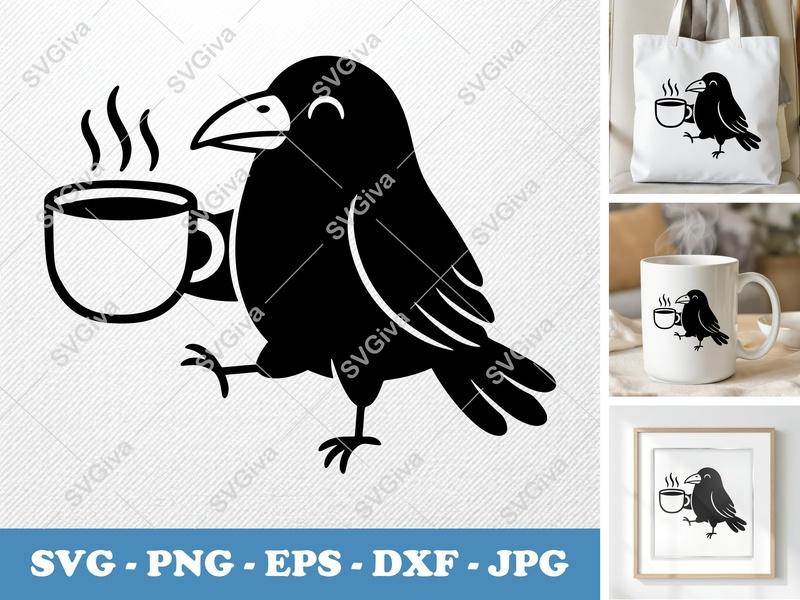 Crow with Coffee Cup SVG PNG DXF EPS | Bird Cut File for Cricut Silhouette | Coffee Lover Vector