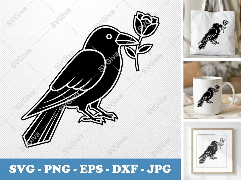 Crow with Flower SVG | Double Outline | Thick Contour, Thin Lines | Clean Minimalist | PNG DXF EPS | Cricut Silhouette File