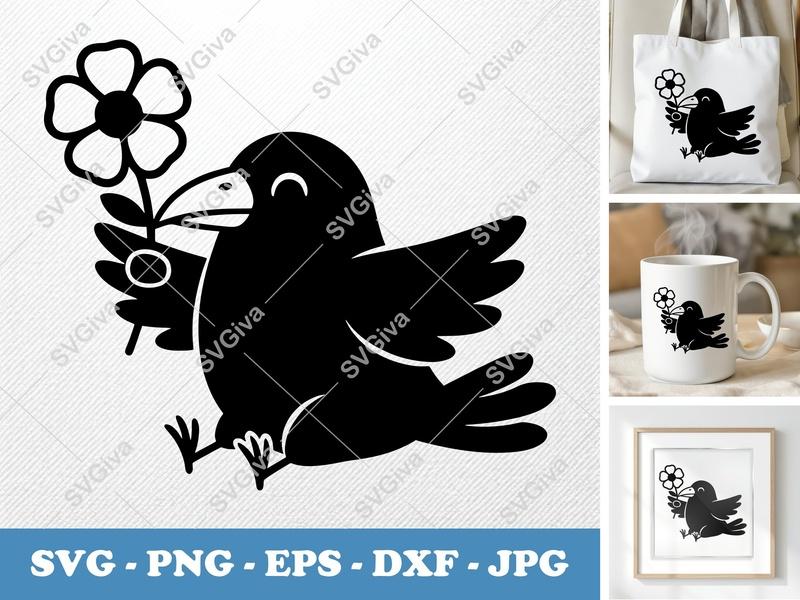 Crow with Flower SVG PNG DXF EPS | Bird Cut File for Cricut Silhouette | Animal Vector Art