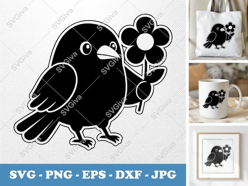 Crow with Flower SVG PNG DXF EPS | Cute Bird Cut File Cricut Silhouette