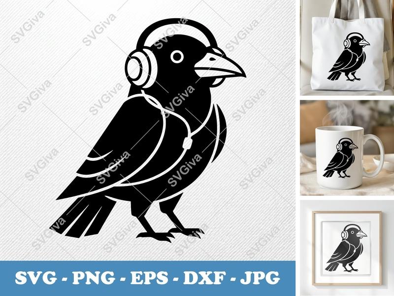 Crow with Headphones SVG | Modern Music Bird PNG EPS DXF | Cricut Silhouette Cut File | Raven Clipart Design