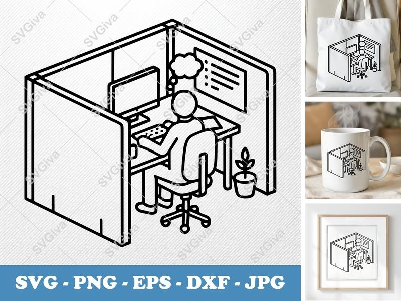 Cubicle in active use SVG | Worker, Desk, Computer | Double Outline Cut File for Cricut, Silhouette | PNG EPS DXF