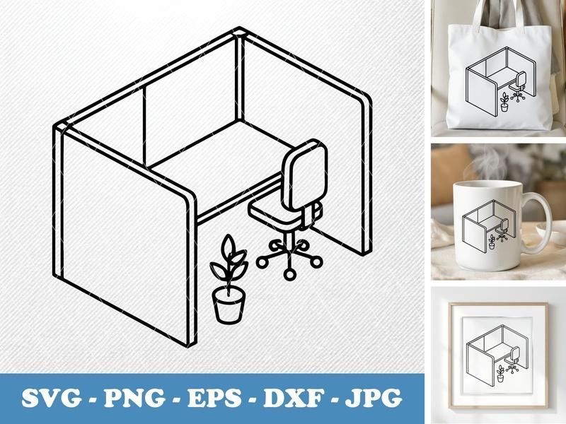 Cubicle isometric angle SVG, Desk Chair Plant | Line Art Workspace Icon | PNG EPS DXF for Cricut Silhouette