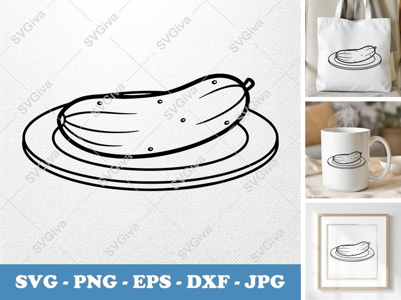 Cucumber on a Plate SVG | Food Cut File PNG DXF EPS Cricut Silhouette Kitchen Vector