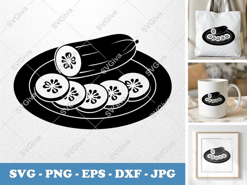 Cucumber on a Plate SVG PNG DXF EPS | Food Cut File Cricut Silhouette | Kitchen Vector Art