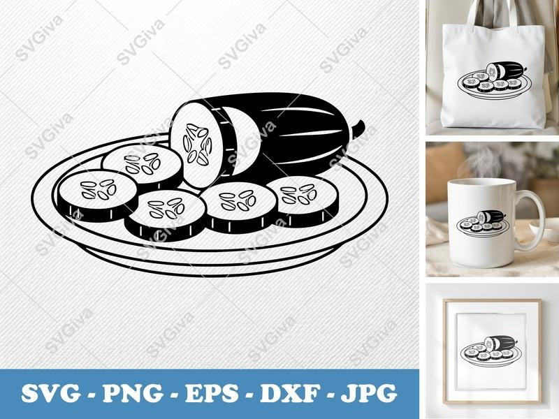 Cucumber on a Plate SVG | Rounded Bean-Shaped Cut File | PNG DXF EPS | Cricut Silhouette Kitchen Art