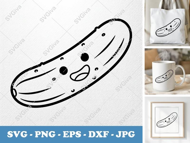 Cucumber SVG | Kawaii Happy Face | Outline Cut File for Cricut & Silhouette | PNG EPS DXF | Cute Veggie Design
