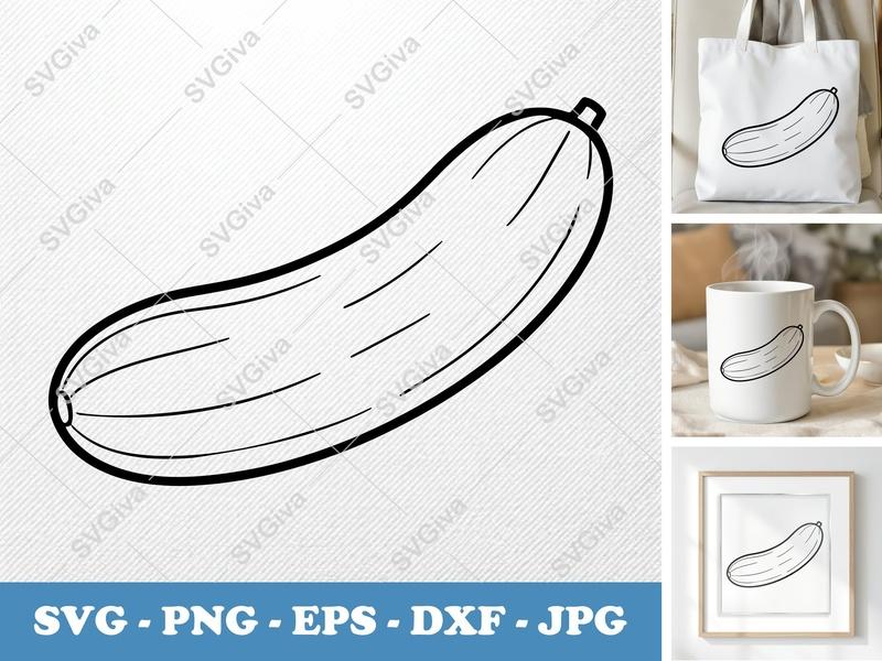 Cucumber SVG | Outline Line Art Drawing | Food Vegetable Clipart | PNG, EPS, DXF for Cricut & Silhouette
