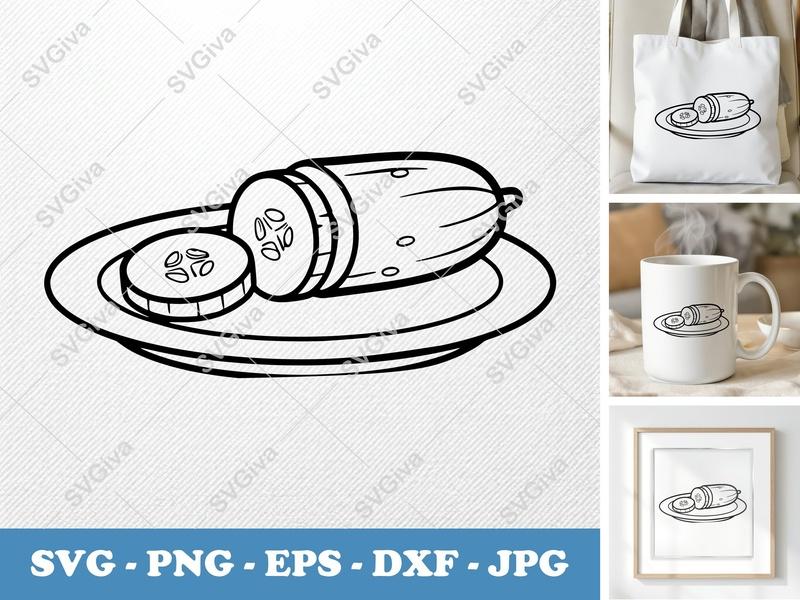 Cucumber SVG | Sliced Cucumber on Plate Cut File | Outline Vegetable PNG EPS DXF for Cricut, Silhouette, Food Clip Art
