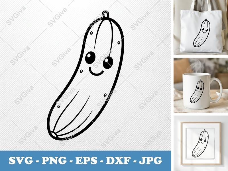 Cucumber with Smiling Face SVG PNG DXF EPS | Kawaii Food Cut File for Cricut Silhouette