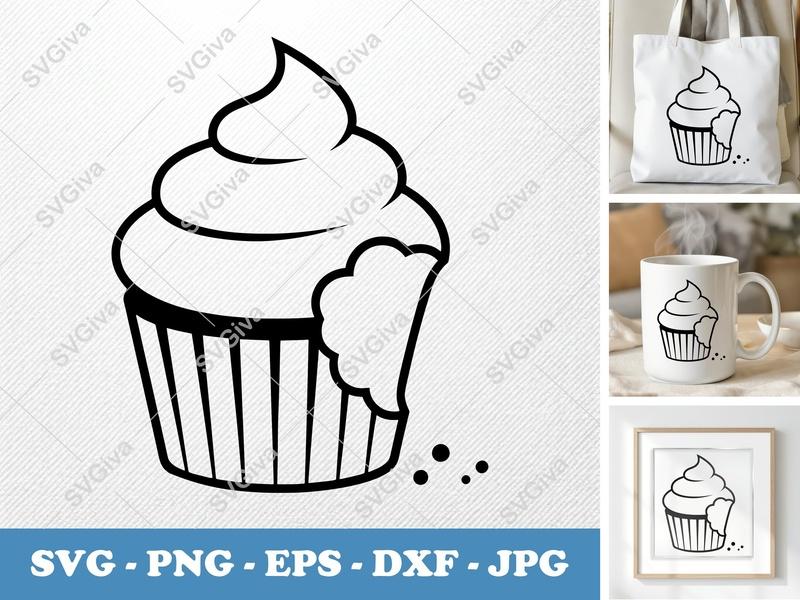 Cupcake Partially Eaten SVG | Friendly Rounded Bean-Shaped Cut File | PNG DXF EPS | Cricut Silhouette