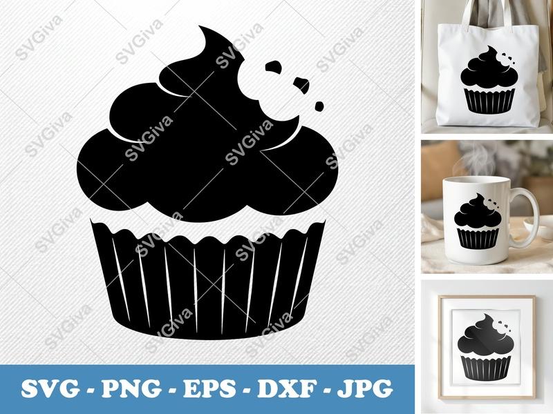 Cupcake SVG, Bitten Cupcake Cut File, Modern Sweet Dessert PNG EPS DXF | Cricut & Silhouette Design, Bakery Treat Clipart