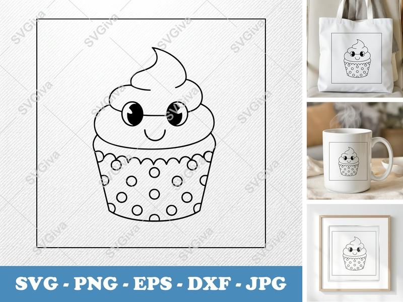 Cupcake SVG Cute Cartoon Face with Glasses | Polka Dot Wrapper | PNG EPS DXF for Cricut Silhouette