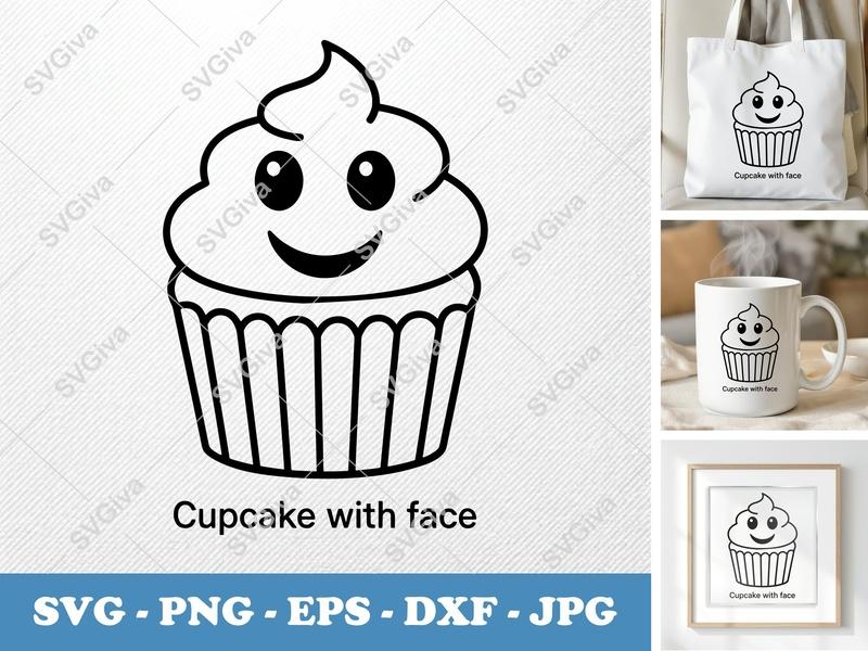 Cupcake SVG, Happy Face Cupcake, Modern Dessert | PNG EPS DXF | Cricut Silhouette Cut File, Bakery Icon, Cake Art