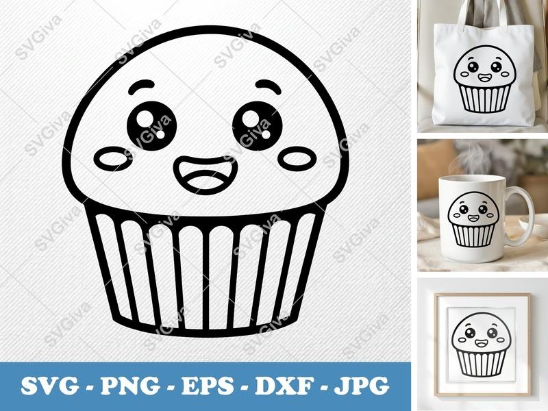 Cupcake SVG Kawaii | Cute Cupcake Face | Sweet Dessert | Food Clipart | SVG, PNG, EPS, DXF for Cricut & Silhouette