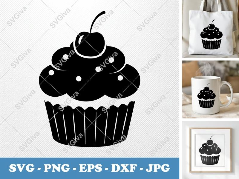 Cupcake SVG | Modern Clean Design, Cherry Topping | PNG EPS DXF | Cricut Silhouette Cut File