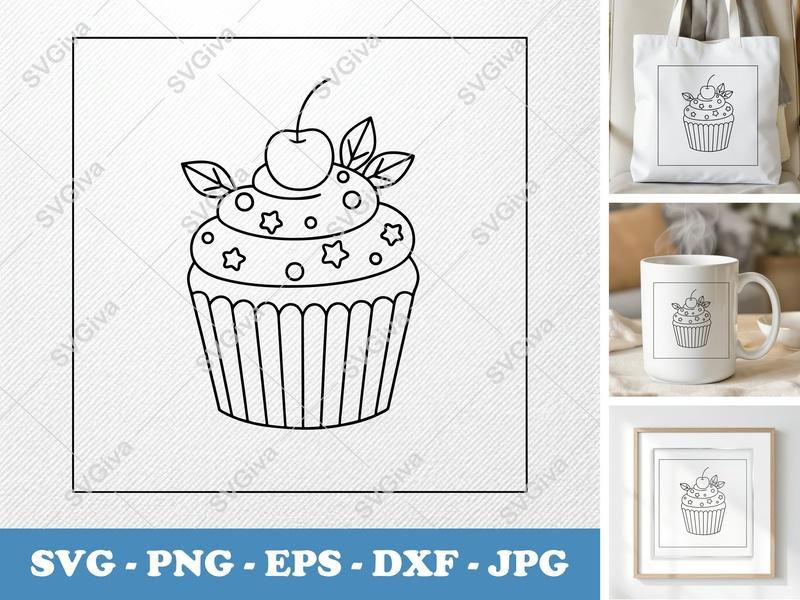Cupcake SVG, Modern Frosted Cupcake with Cherry & Sprinkles | PNG EPS DXF | Cricut Silhouette Cut File