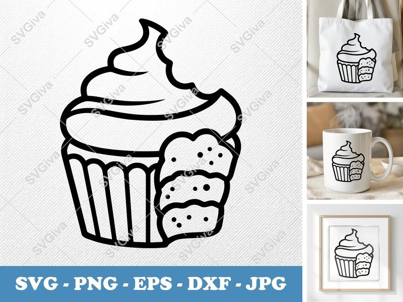 Cupcake SVG | Modern Outline Cupcake with Bite & Cookie | PNG EPS DXF for Cricut & Silhouette | Bakery Sweet Treat Cut File