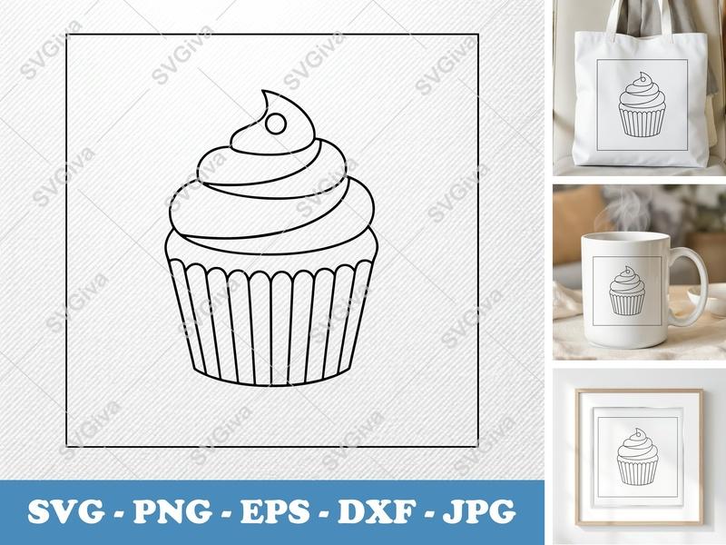 Cupcake SVG | Modern Outline Design | PNG EPS DXF Cut File for Cricut, Silhouette | Dessert Sweet Treat Clipart