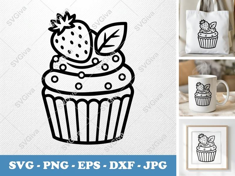 Cupcake SVG | Modern Strawberry Cupcake with Sprinkles | PNG EPS DXF | Cricut Silhouette Cut File | Dessert Bakery Sweet Treat