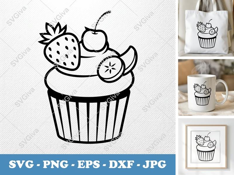 Cupcake with Garnish SVG | Friendly Bean-Shaped Cut File | PNG DXF EPS for Cricut Silhouette