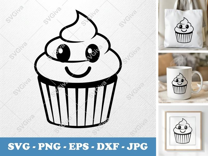 Cupcake with Smiling Face SVG | Friendly Rounded Bean-Shaped Forms | PNG DXF EPS | Cricut Silhouette File