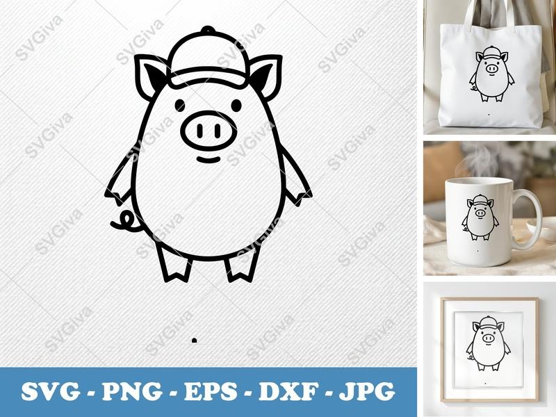 Cute Piglet in Cap SVG, PNG, DXF, EPS Files | Cricut & Silhouette Crafting | Adorable Farm Animal Design