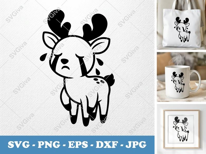 Deer Crying SVG, Sad Fawn Cut File, Cute Reindeer Vector, PNG EPS DXF | Cricut Silhouette Design, Animal Clipart, Baby Deer
