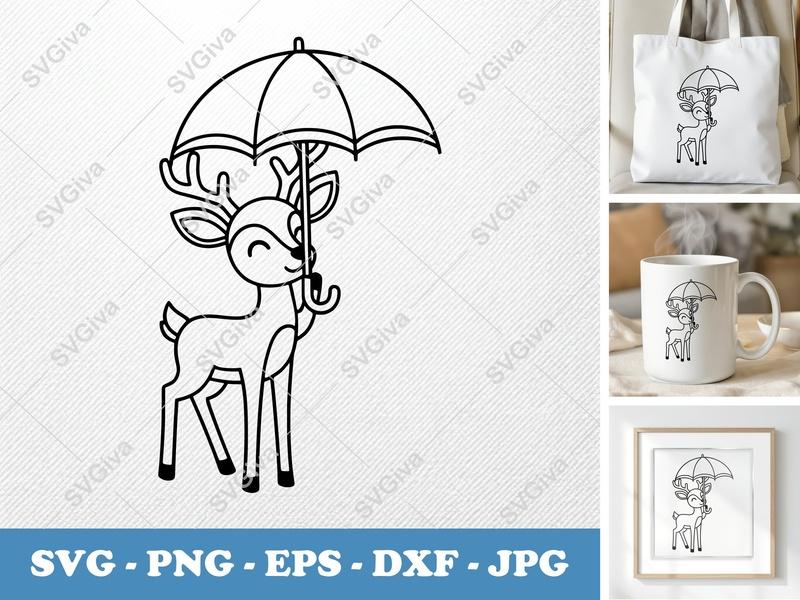 Deer holding umbrella SVG PNG DXF EPS | Cute Animal Cut File for Cricut Silhouette