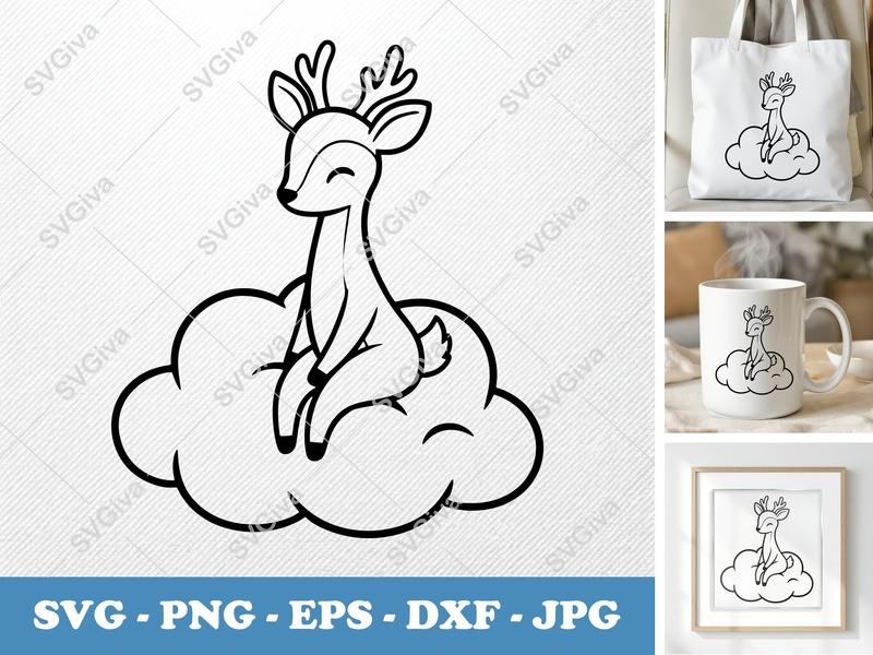 Deer on Cloud SVG | Cute Animal Clipart PNG EPS DXF | Cricut Silhouette Cut File | Modern Baby Nursery Design