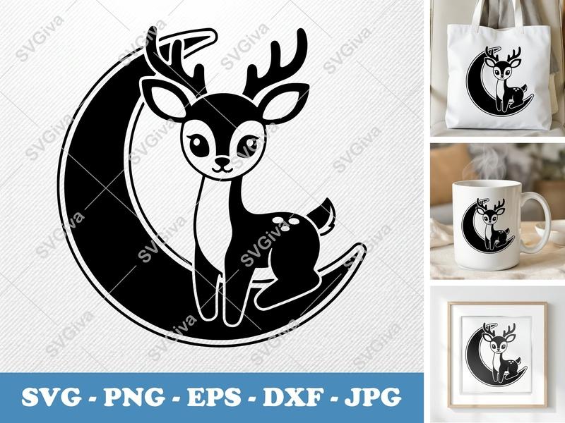 Deer on Moon SVG | Cute Fawn Animal Cut File | Child Baby Nursery Decor | PNG EPS DXF for Cricut Silhouette
