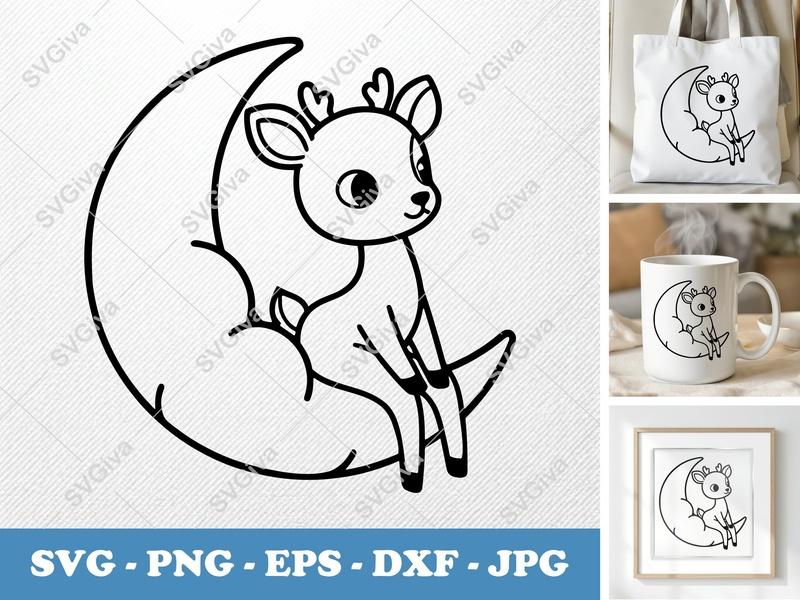 Deer on Moon SVG | Cute Fawn Outline PNG EPS DXF | Baby Deer Clipart for Cricut, Silhouette, Nursery Decor