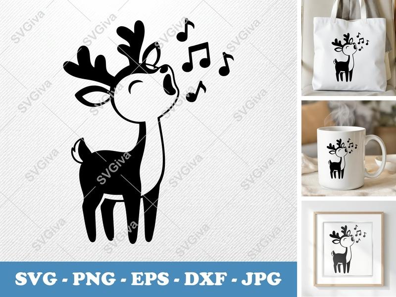 Deer Singing SVG | Musical Notes Cut File | Modern Reindeer Design for Cricut, Silhouette | PNG, EPS, DXF Included