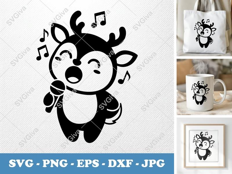 Deer Singing SVG | Puffy Cartoon Deer Cut File | Inflated Style | PNG DXF EPS for Cricut Silhouette