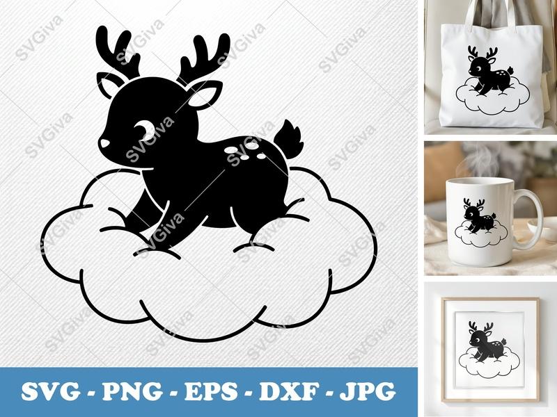 Deer Sitting on a Cloud SVG PNG DXF EPS | Cricut Silhouette Cut File | Cute Fawn Animal Vector Art