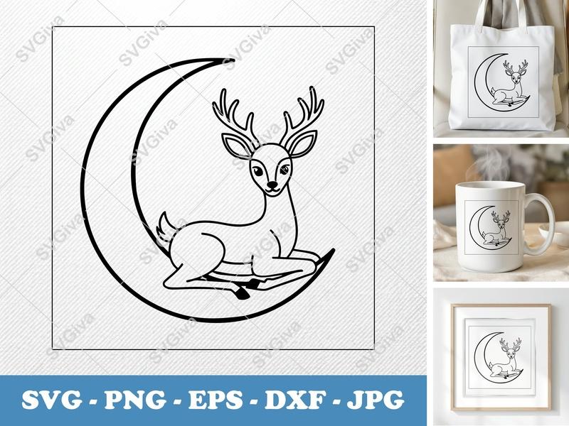 Deer Sitting on Moon SVG, Friendly Rounded Body | PNG DXF EPS | Cricut Silhouette Cut File