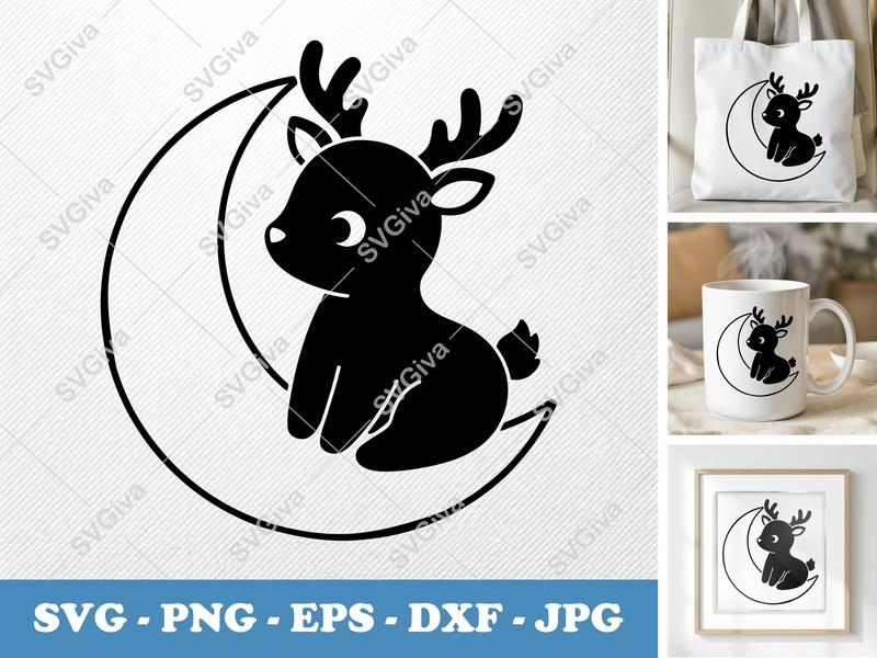 Deer Sitting on Moon SVG PNG DXF EPS | Cricut Silhouette Cut File | Cute Animal Vector Art