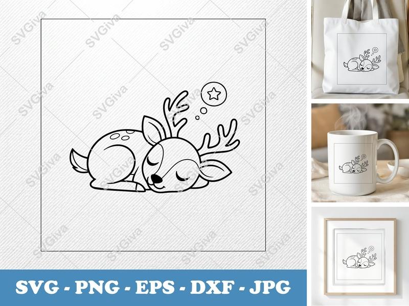 Deer Sleeping SVG | Baby Fawn Cut File | Cute Woodland Animal PNG, EPS, DXF for Cricut, Silhouette | Modern Kids Design